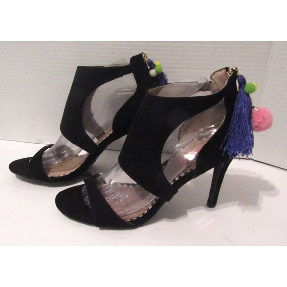 Betsey Johnson Ryan Heels Black Suede Pom Pom Stilettos Shoes NWOB Size 8.5 - Picture 4 of 8